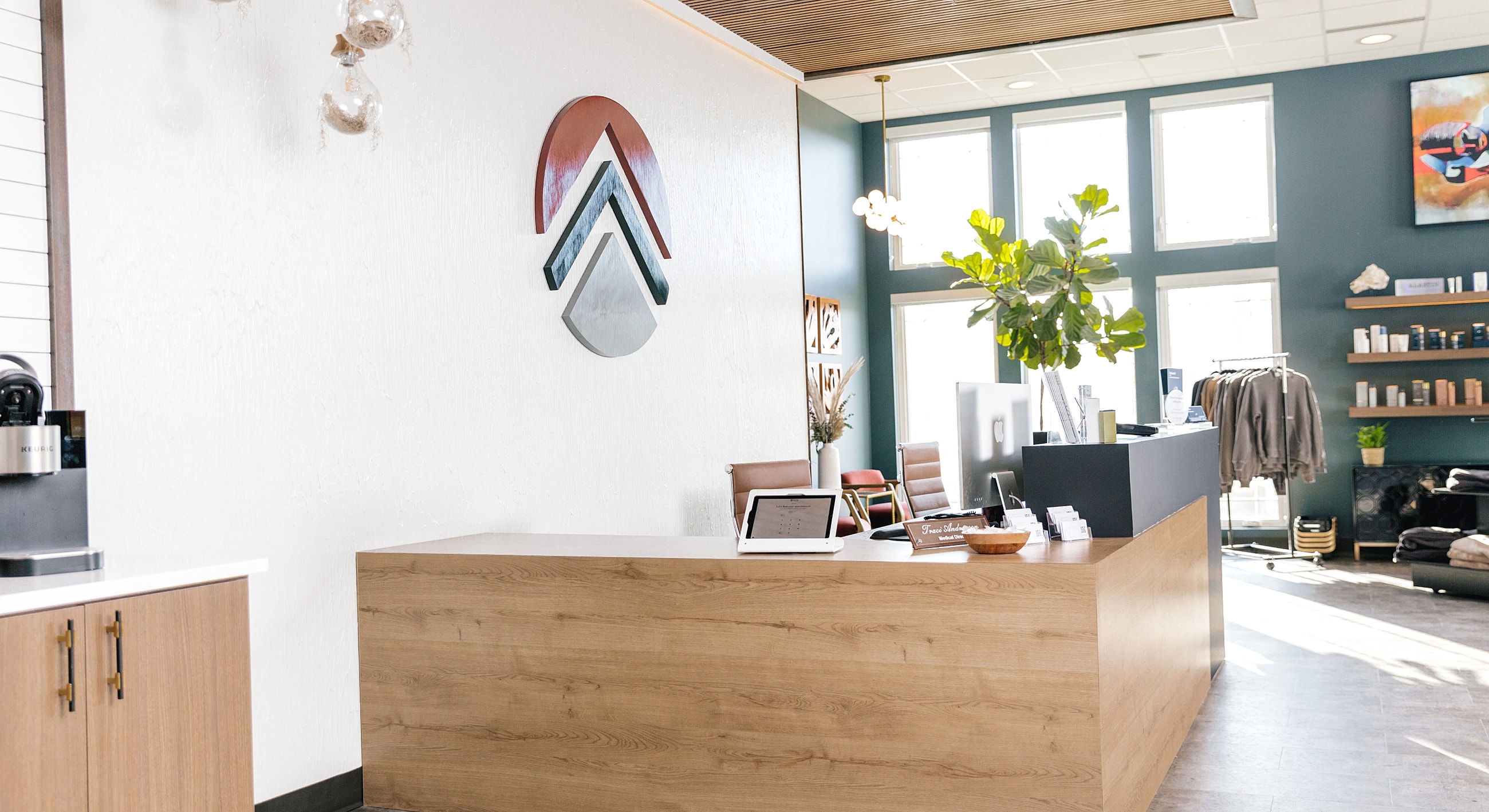 Modern reception area with decorative accents.